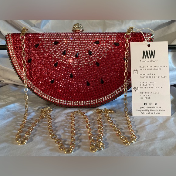 Red Rhinestone Watermelon Clutch w/ Removable Gold Cross Body Strap - Picture 1 of 11